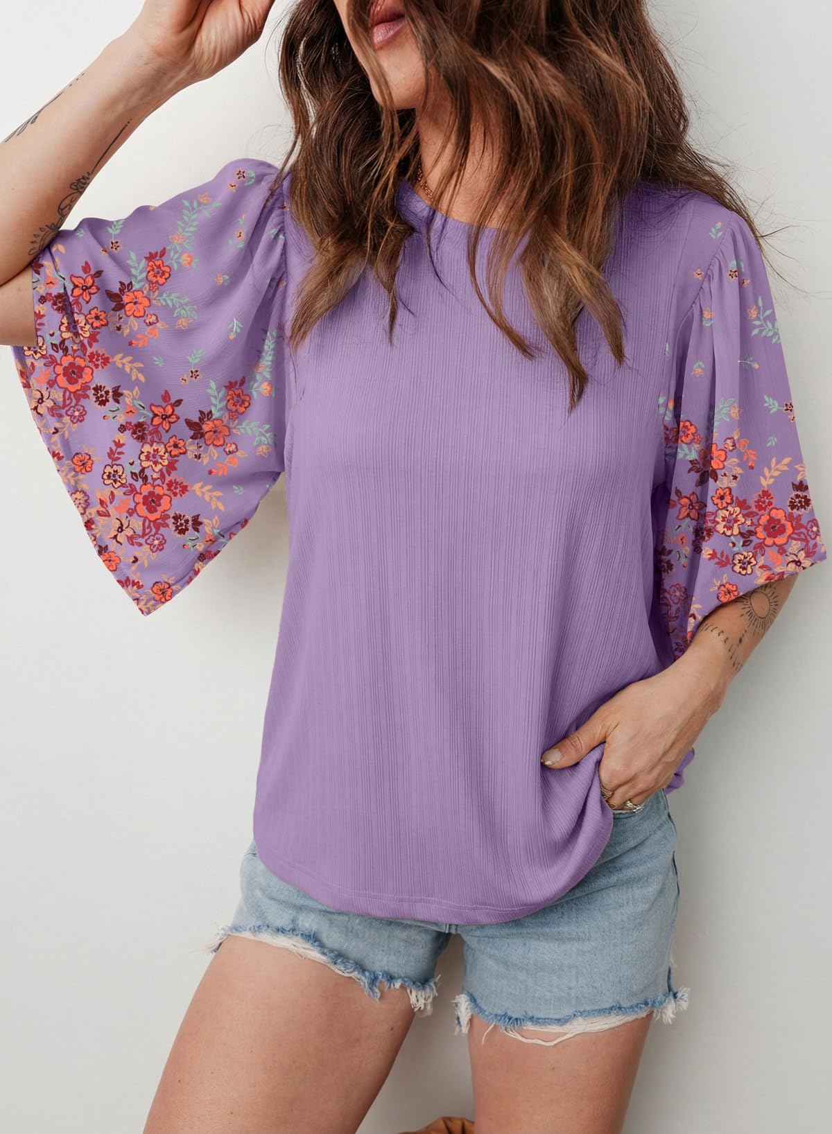 Women's Boho Floral Patchwork 3/4 Sleeve Blouse