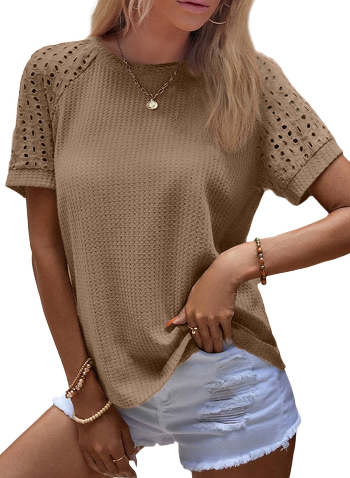Women's Casual Crew Neck Hollow Out Raglan Short Sleeve Waffle Knit Tops(buy 3 free shipping)