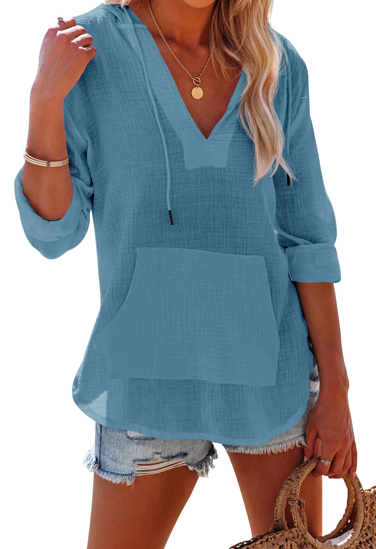Women's Long Sleeve V Neck Pocketed Hooded Shirt Top(buy 2 free shipping)