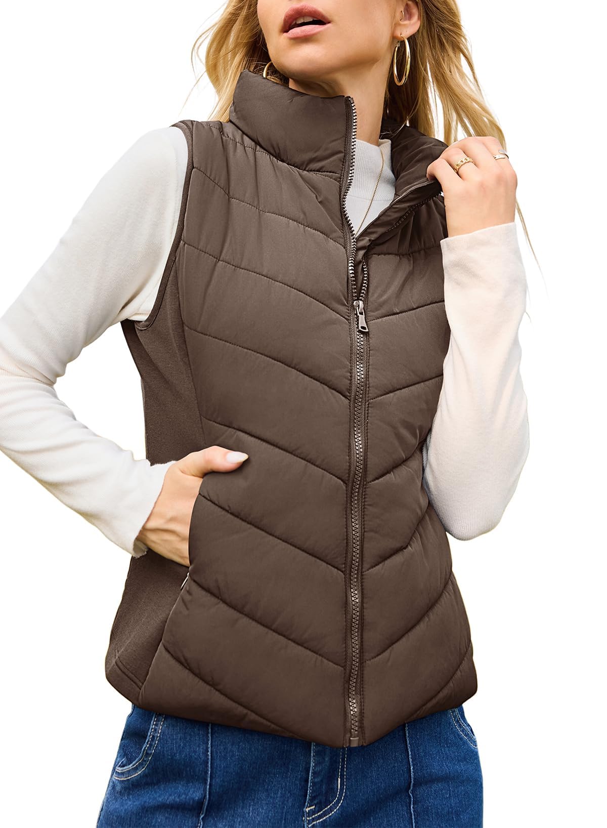 Womens Sleeveless Zip Up Outerwear Stand Collar Quilted Puffer Vest(buy 2 free shipping)
