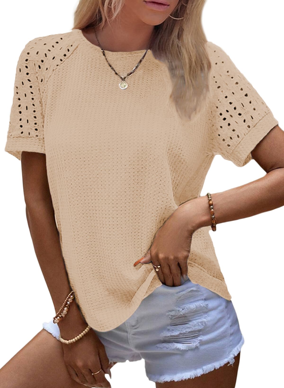 Women's Casual Crew Neck Hollow Out Raglan Short Sleeve Waffle Knit Tops(buy 3 free shipping)