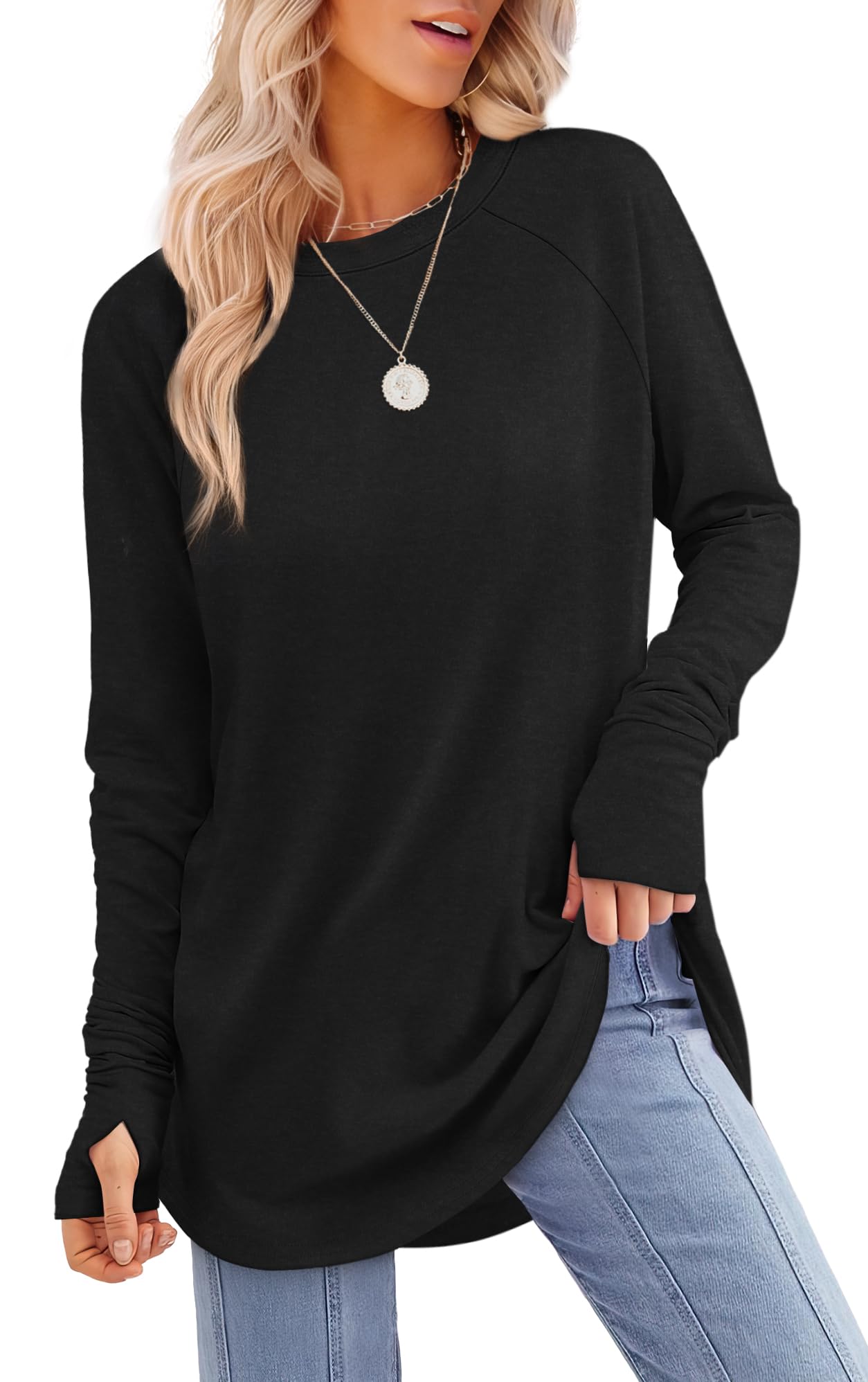 Womens Long Sleeve Thumb Hole Shirts Tunic Tops to Wear with Leggings(buy 2 free shipping)
