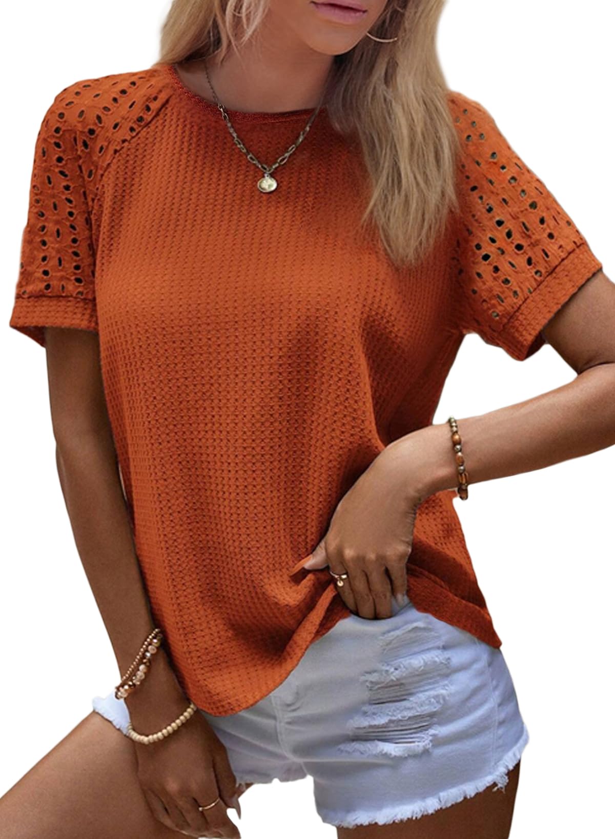 Women's Casual Crew Neck Hollow Out Raglan Short Sleeve Waffle Knit Tops(buy 3 free shipping)