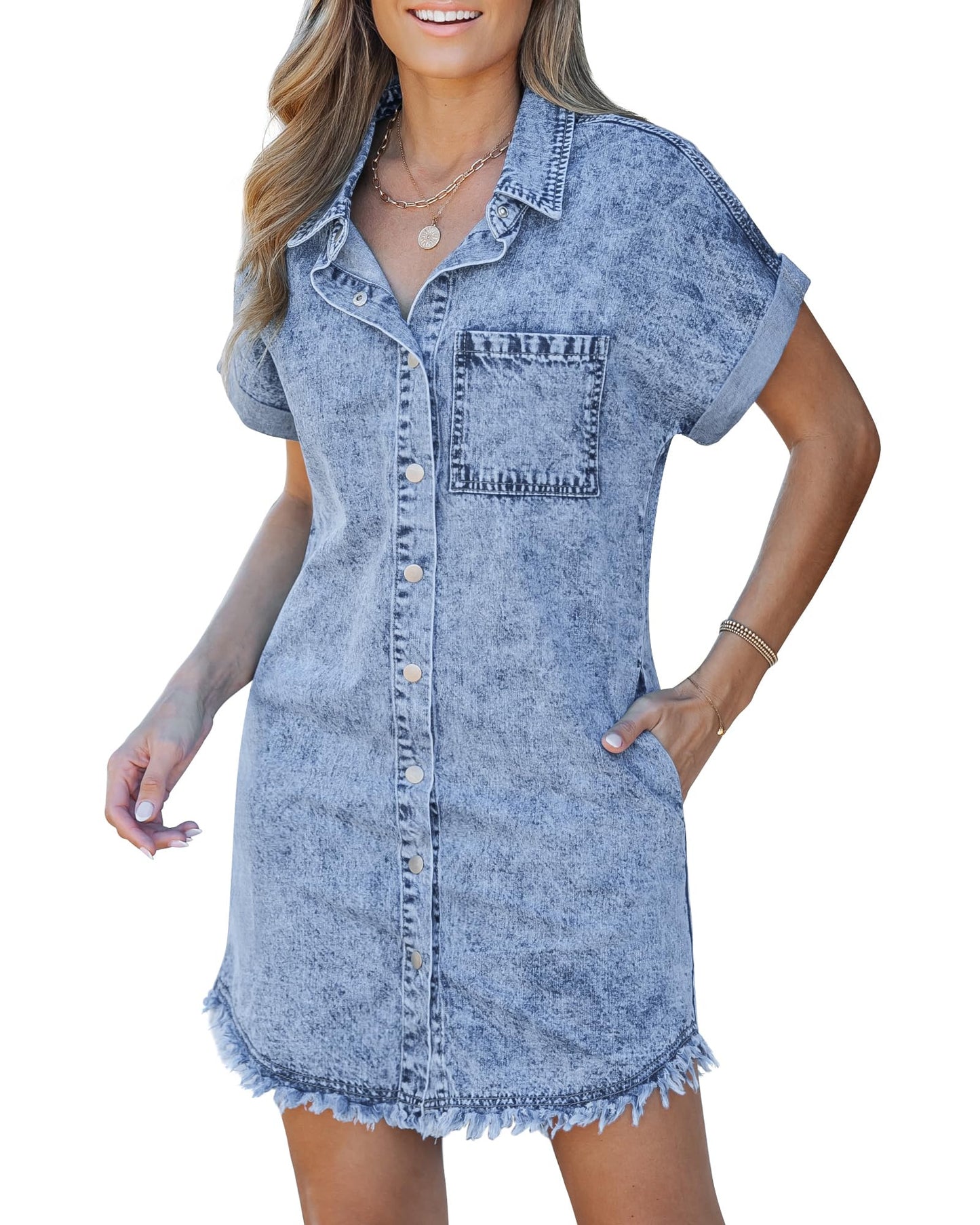 Women's Button Down Frayed Hem Denim Shirt Dresses(BUY 2 FREE SHIPPING)