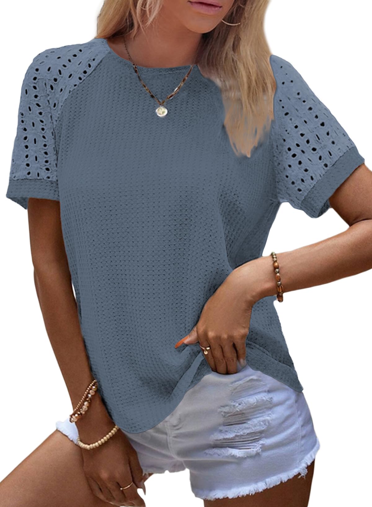 Women's Casual Crew Neck Hollow Out Raglan Short Sleeve Waffle Knit Tops(buy 3 free shipping)