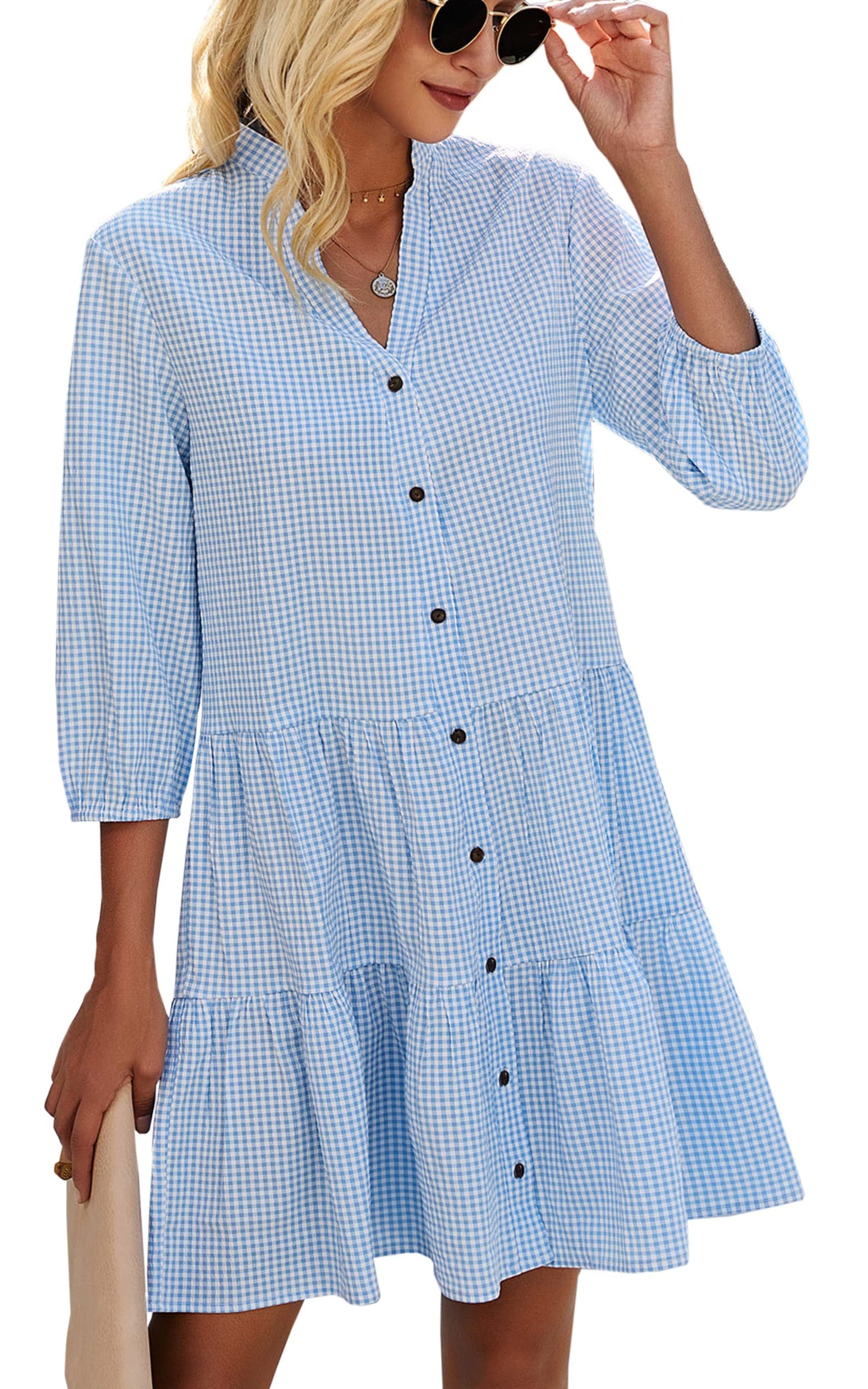 Women's Button Down 3/4 Sleeve Gingham Shirt Dress(BUY 2 FREE SHIPPING)