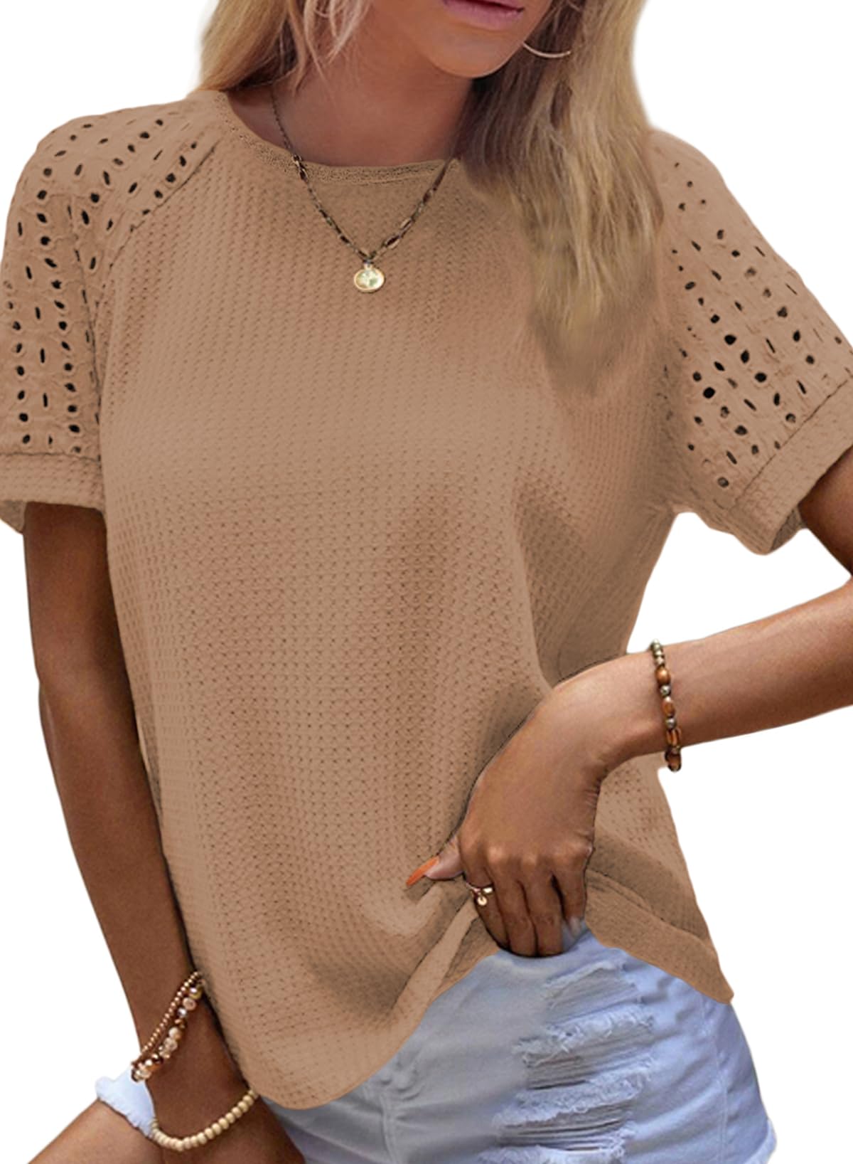 Women's Casual Crew Neck Hollow Out Raglan Short Sleeve Waffle Knit Tops(buy 3 free shipping)