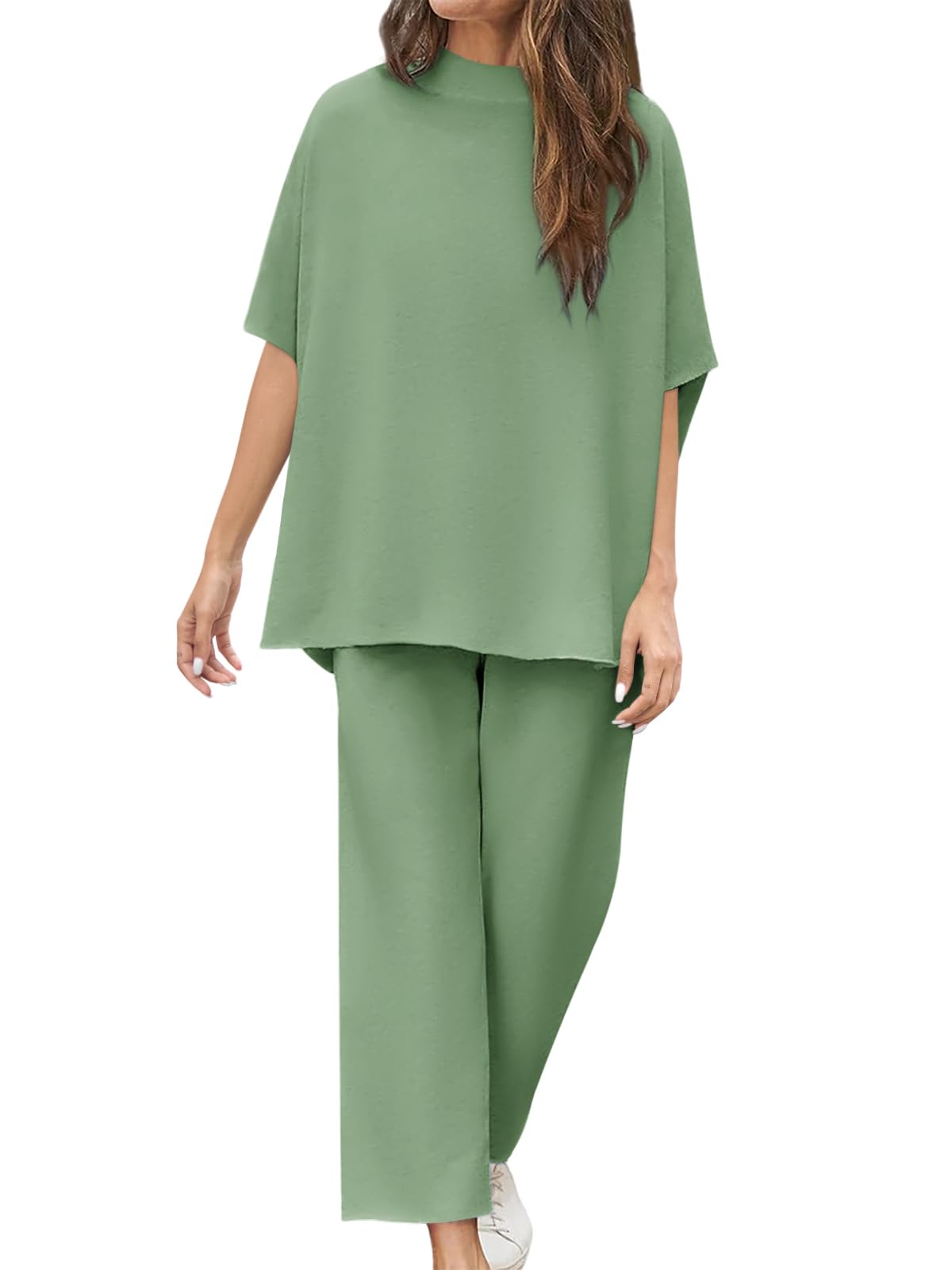 Women's 2 Piece Outfits 3/4 Batwing Sleeve Pullover Top Wide Leg Pants Lounge Set