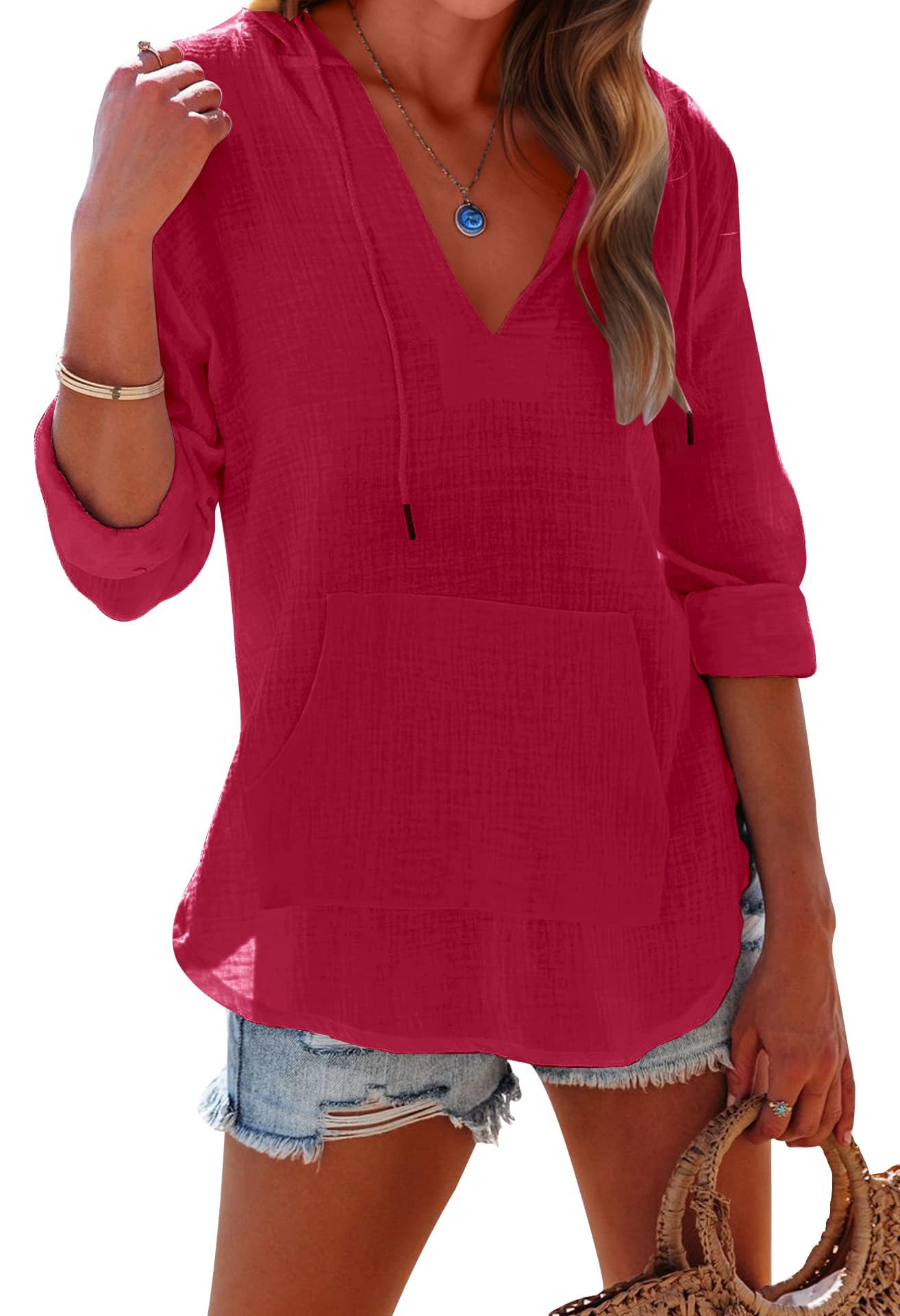 Women's Long Sleeve V Neck Pocketed Hooded Shirt Top(buy 2 free shipping)