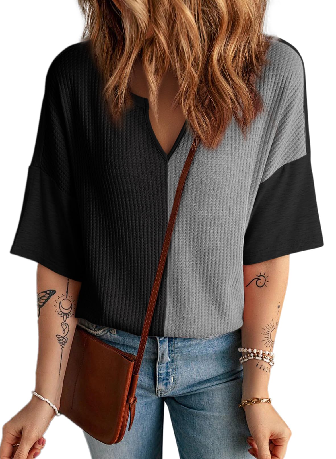 Women's Half Sleeve Waffle Knit Casual V Neck Colorblock Patchwork Shirts