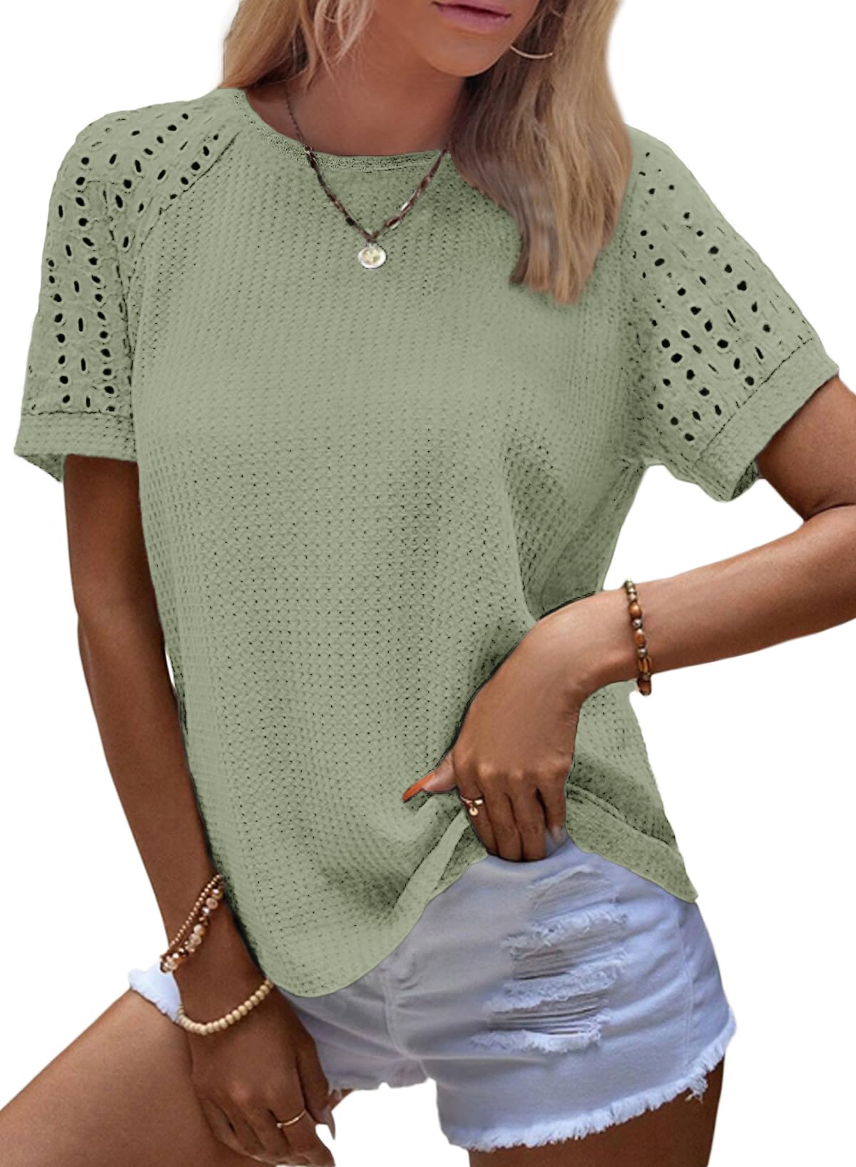 Women's Casual Crew Neck Hollow Out Raglan Short Sleeve Waffle Knit Tops(buy 3 free shipping)