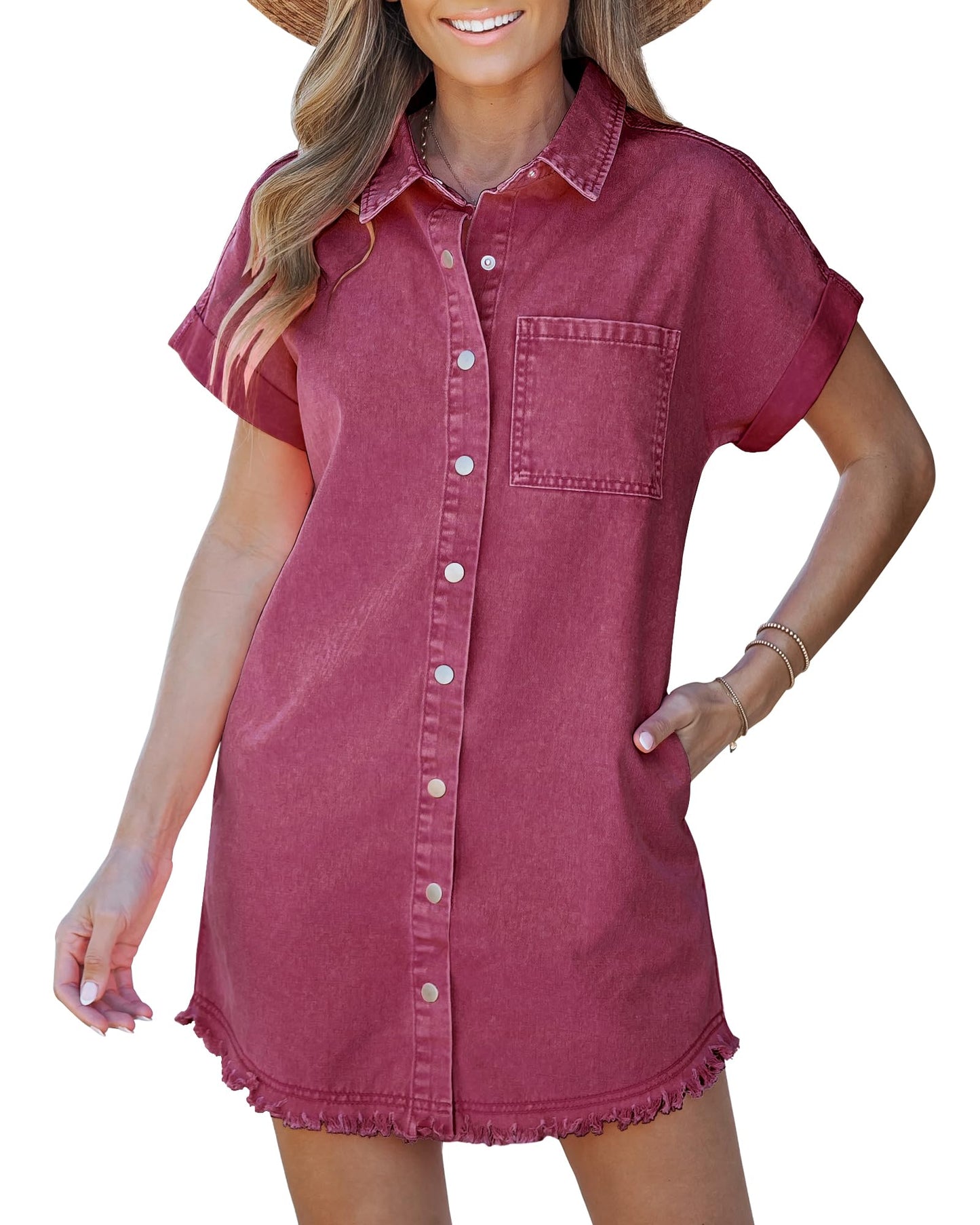Women's Button Down Frayed Hem Denim Shirt Dresses(BUY 2 FREE SHIPPING)