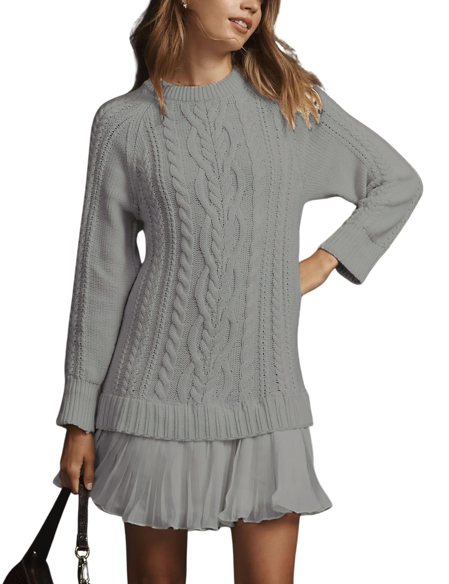 Women Crewneck Cable Knit Sweater Mini Dress (Buy 2 Free Shipping)
