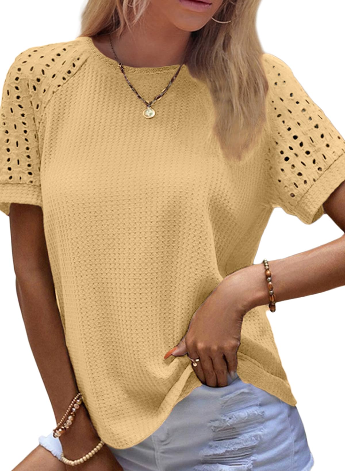 Women's Casual Crew Neck Hollow Out Raglan Short Sleeve Waffle Knit Tops(buy 3 free shipping)