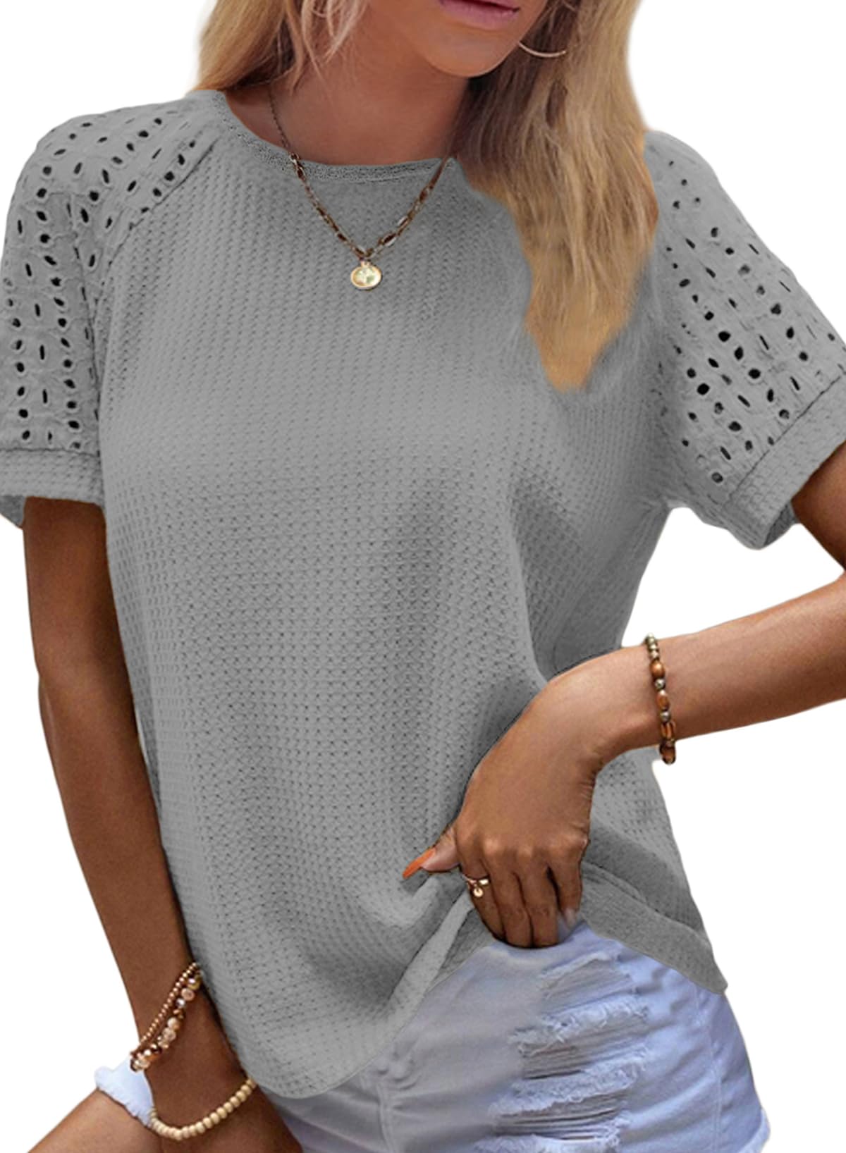 Women's Casual Crew Neck Hollow Out Raglan Short Sleeve Waffle Knit Tops(buy 3 free shipping)