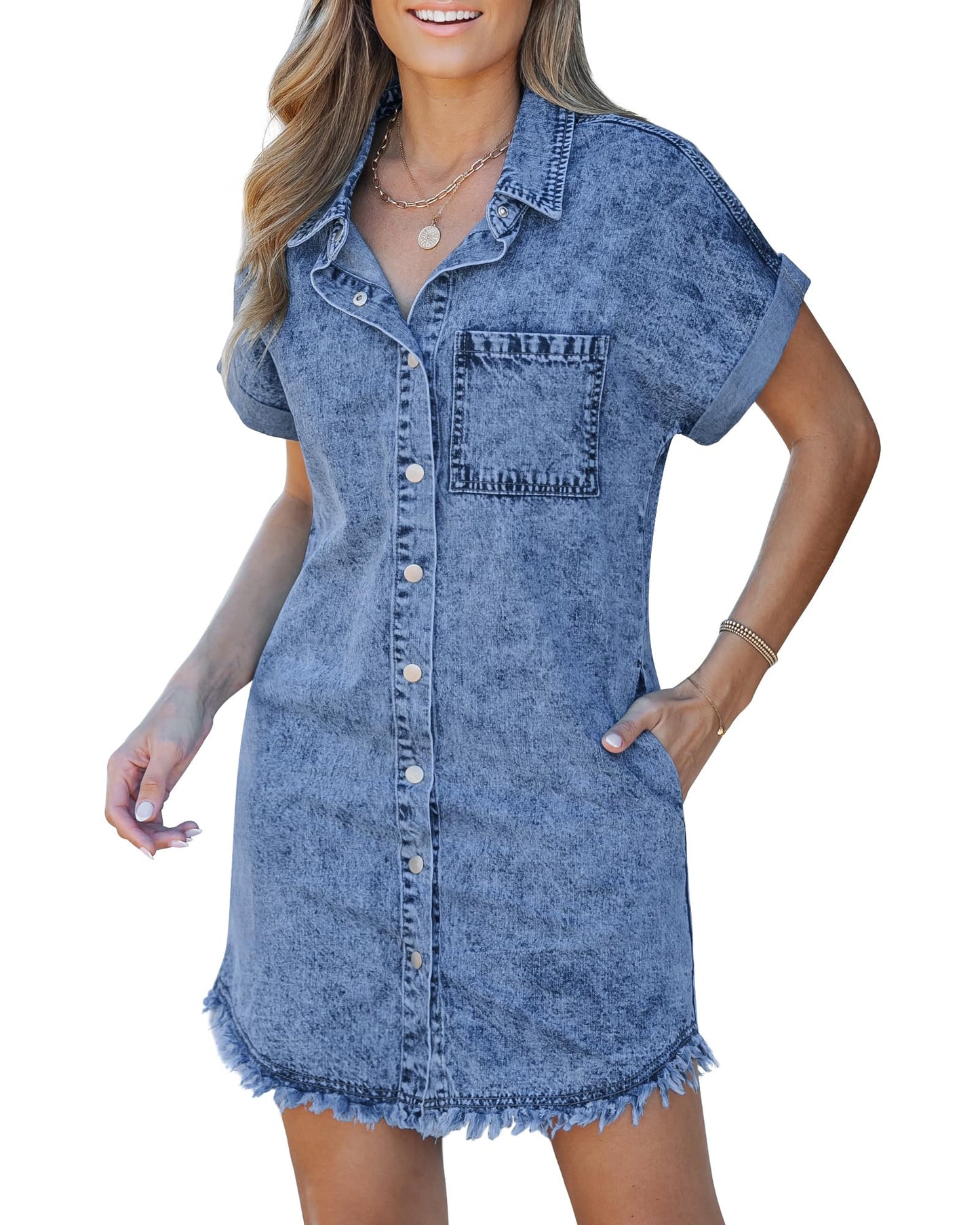 Women's Button Down Frayed Hem Denim Shirt Dresses(BUY 2 FREE SHIPPING)