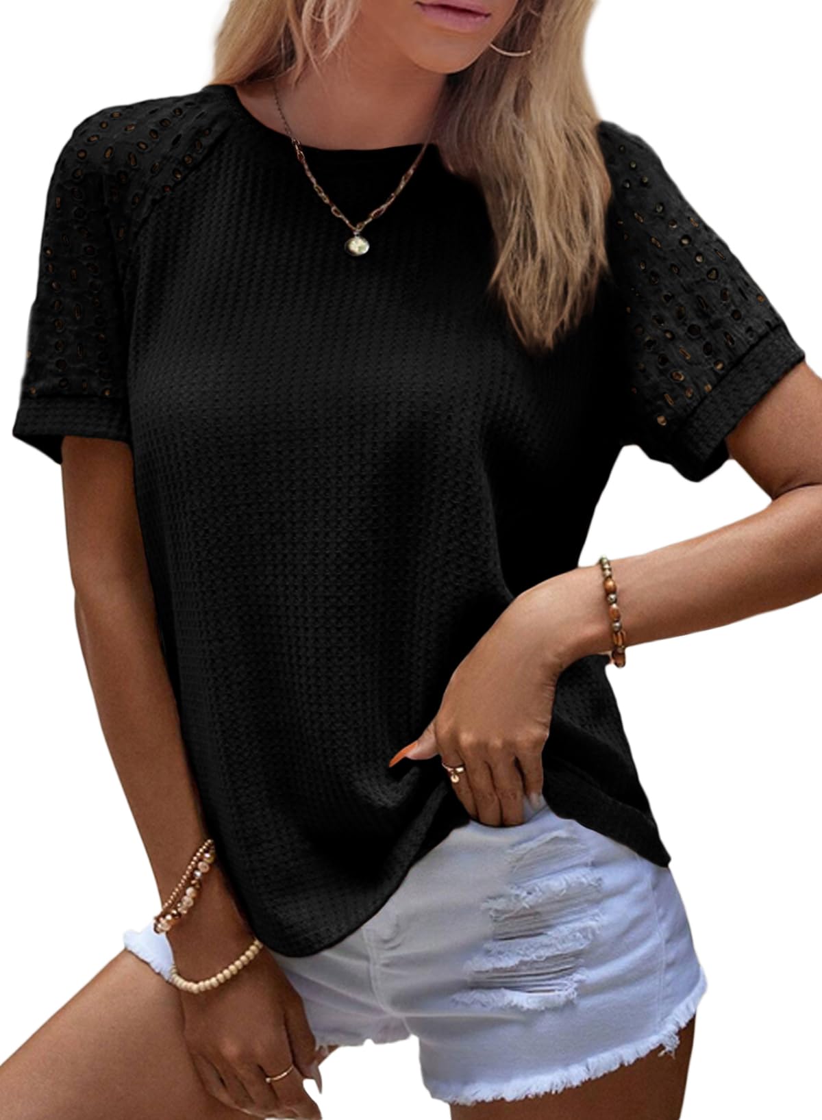 Women's Casual Crew Neck Hollow Out Raglan Short Sleeve Waffle Knit Tops(buy 3 free shipping)