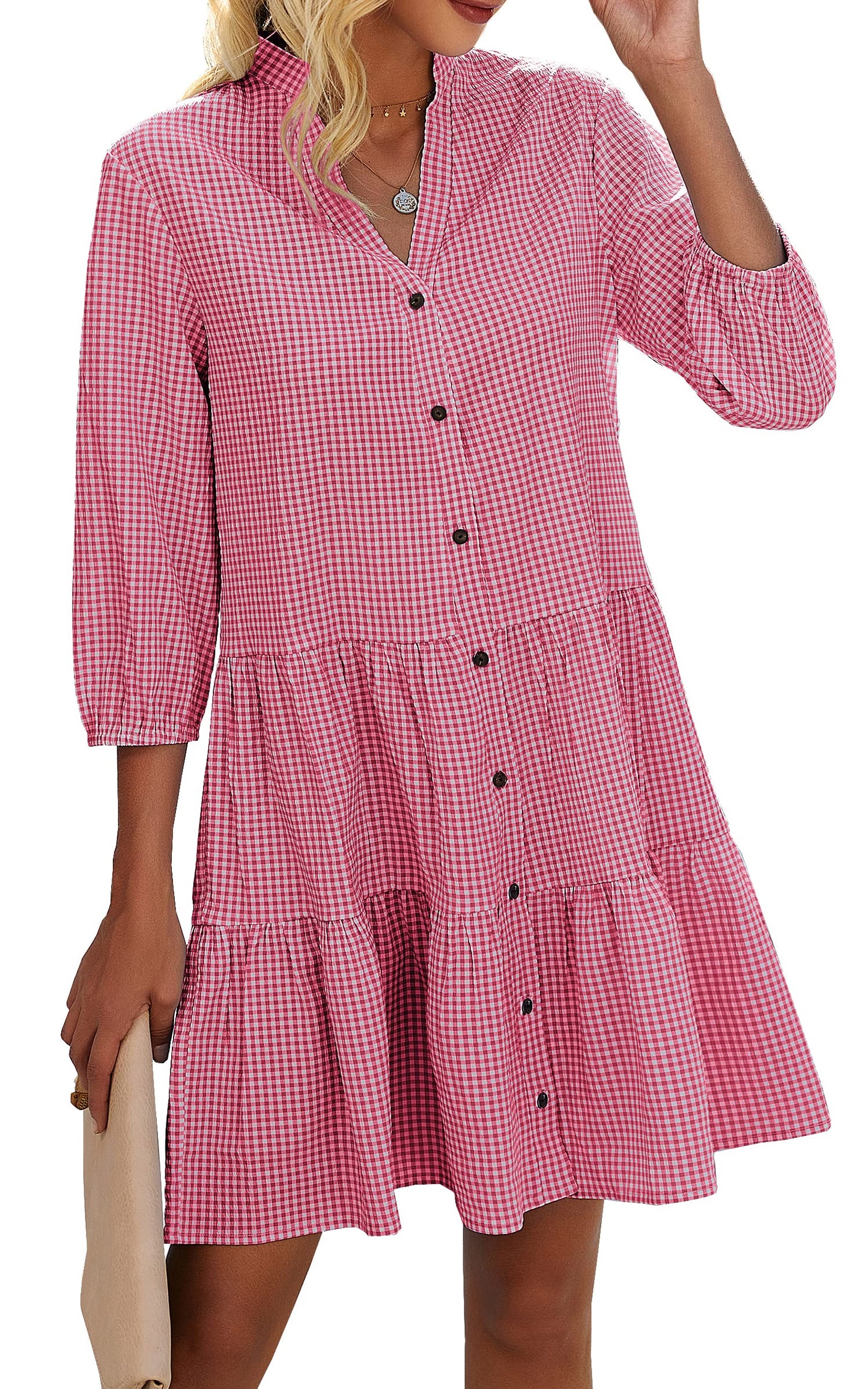 Women's Button Down 3/4 Sleeve Gingham Shirt Dress(BUY 2 FREE SHIPPING)