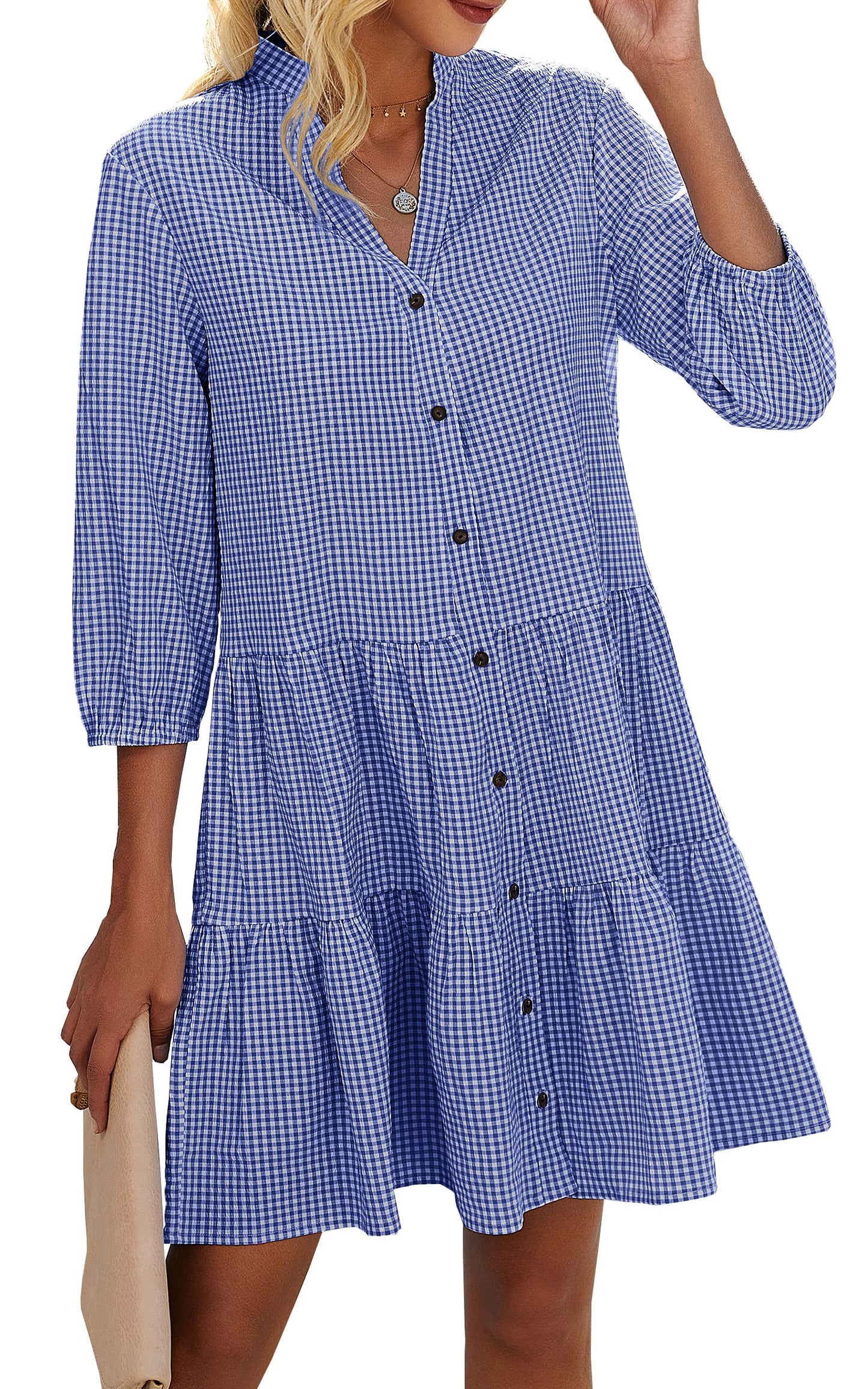 Women's Button Down 3/4 Sleeve Gingham Shirt Dress(BUY 2 FREE SHIPPING)