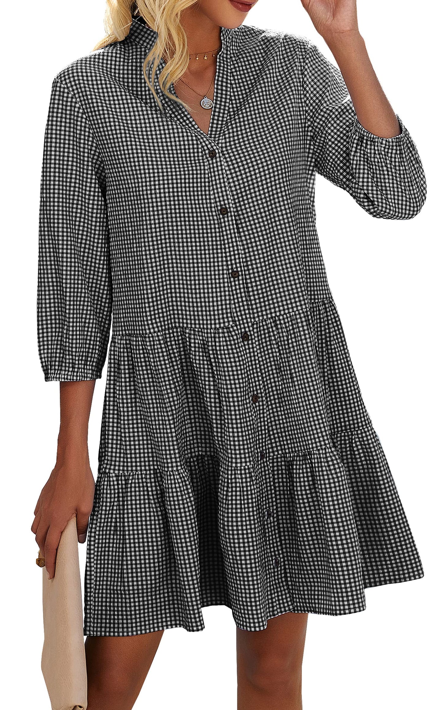 Women's Button Down 3/4 Sleeve Gingham Shirt Dress(BUY 2 FREE SHIPPING)