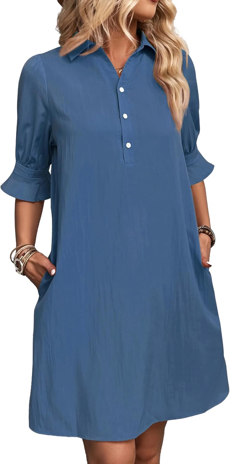 Womens Casual Shirt Dress Ruffle Sleeve Solid Color Button Down(buy 2 free shipping!!!)
