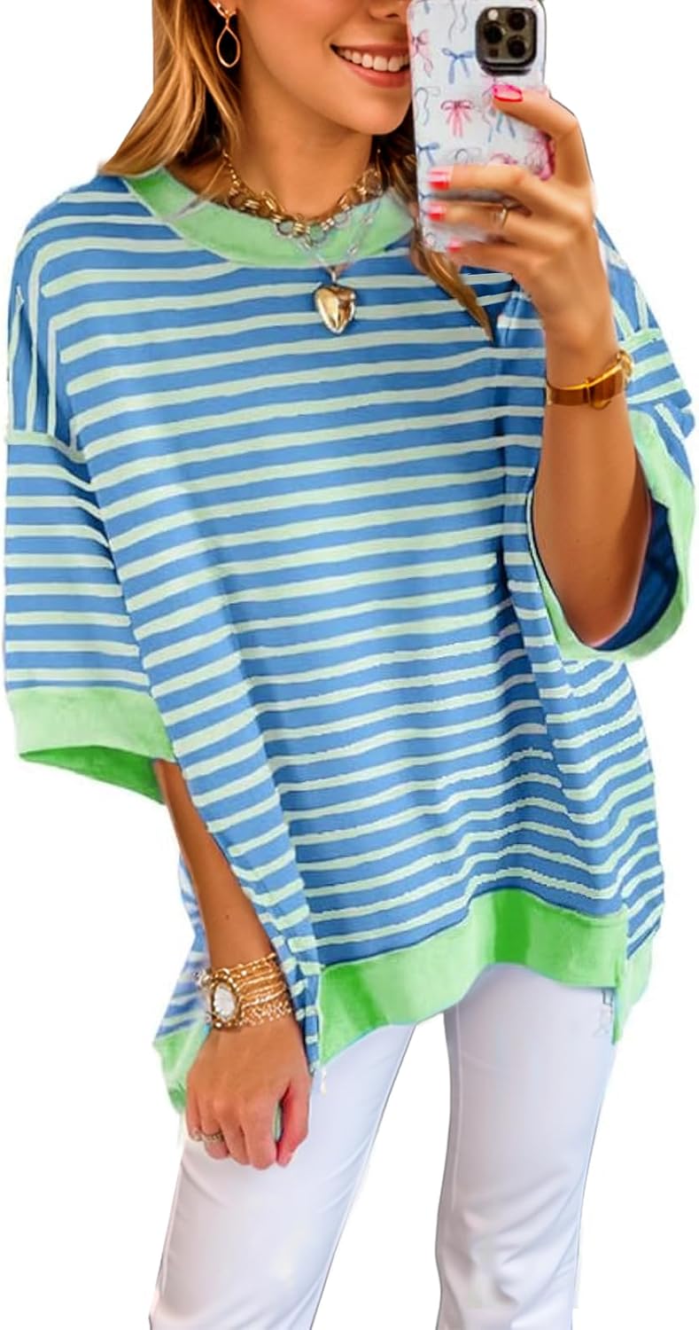 Womens Oversized Striped Color Block Casual Half Sleeve Tops