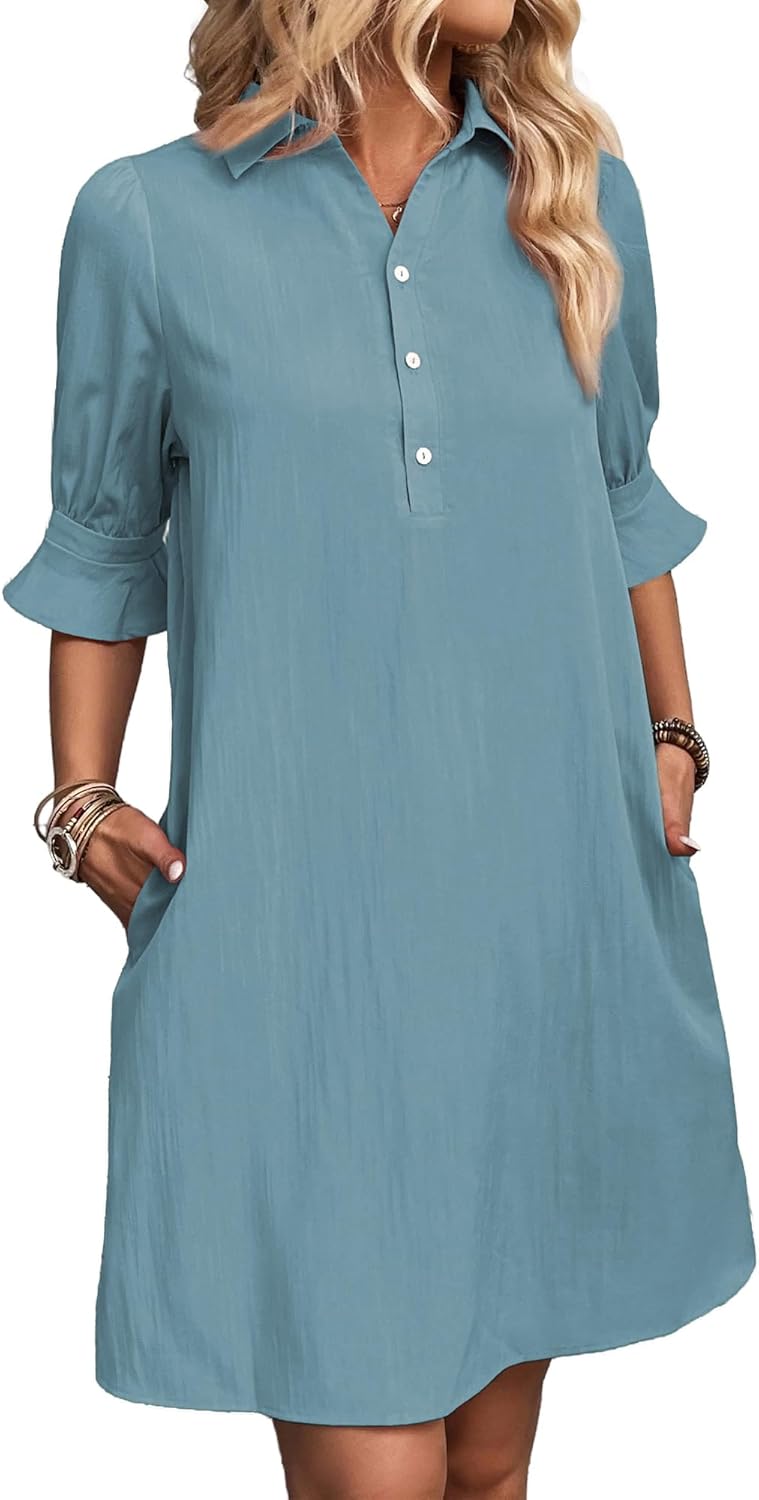 Womens Casual Shirt Dress Ruffle Sleeve Solid Color Button Down(buy 2 free shipping!!!)