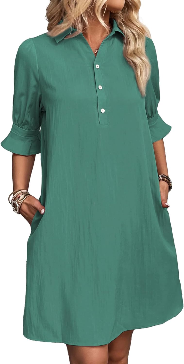 Womens Casual Shirt Dress Ruffle Sleeve Solid Color Button Down(buy 2 free shipping!!!)