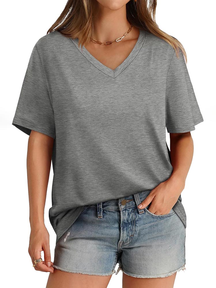 2026 Women's Solid Color V-Neck Loose Short Sleeve T-Shirt Top