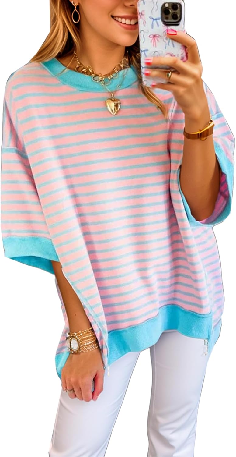 Womens Oversized Striped Color Block Casual Half Sleeve Tops