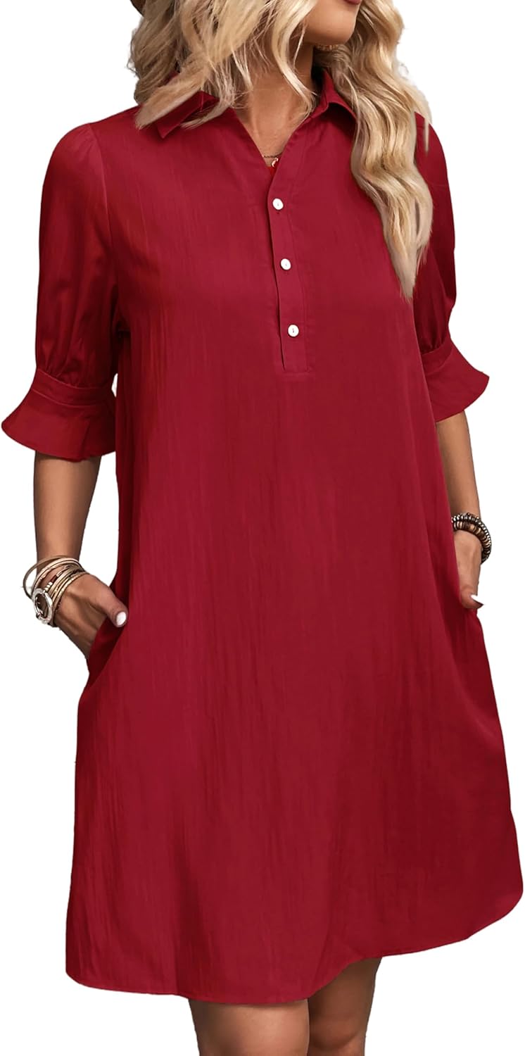 Womens Casual Shirt Dress Ruffle Sleeve Solid Color Button Down(buy 2 free shipping!!!)