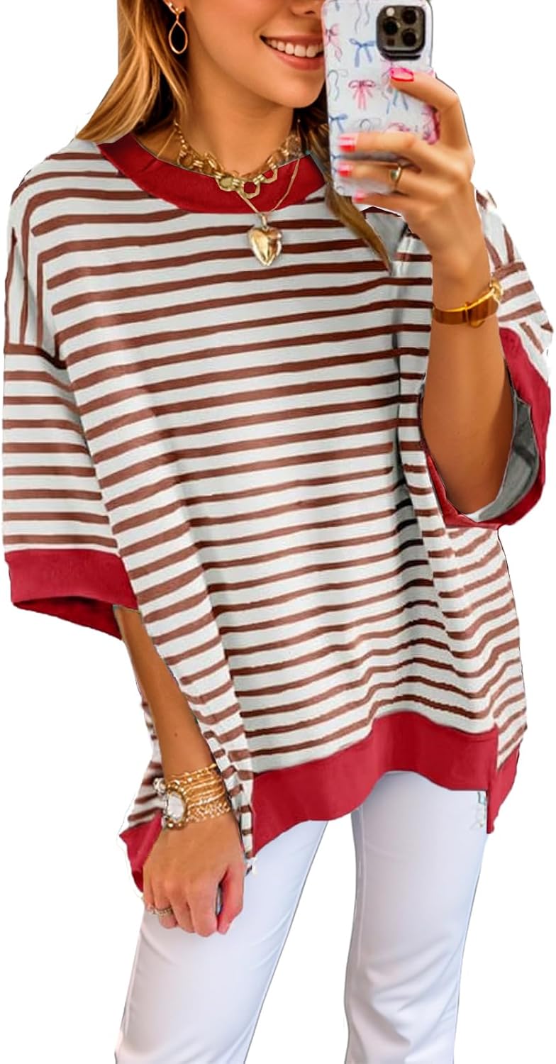 Womens Oversized Striped Color Block Casual Half Sleeve Tops