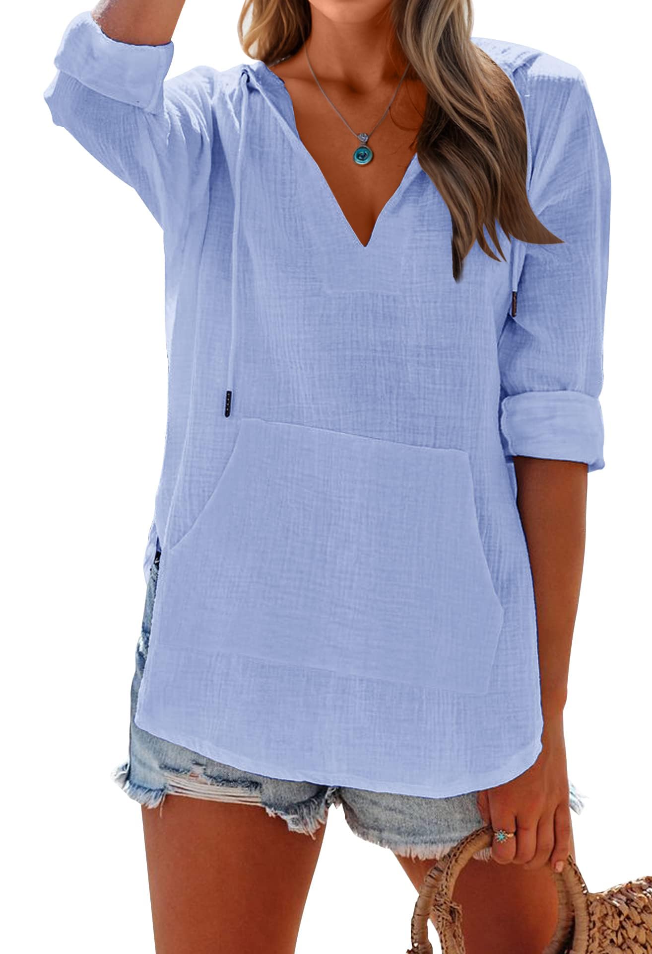 Women's Long Sleeve V Neck Pocketed Hooded Shirt Top(buy 2 free shipping)
