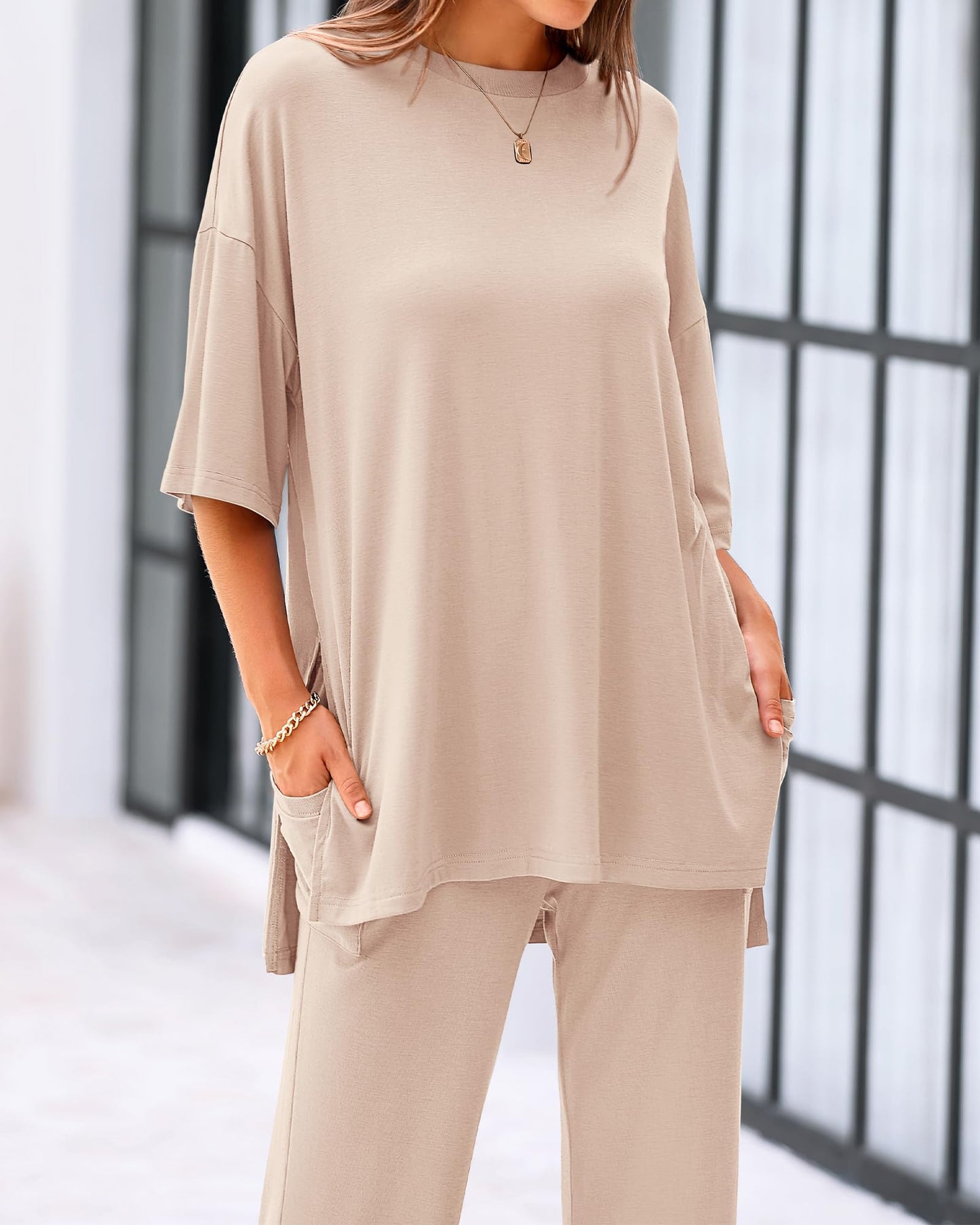 Casual 2-Piece Loose-Fit Short Sleeve Top & Wide-Leg Pants Set with Pockets (buy 2 free shipping!!!)