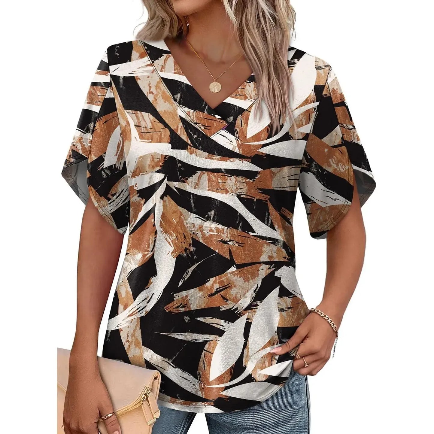 Women's Summer Short Petal Sleeve Fashion V Neck Outfits Tops