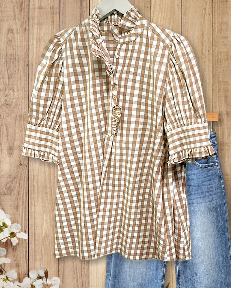 🔥Women's Plaid Top Ruffles Trim Puff Sleeve Blouse
