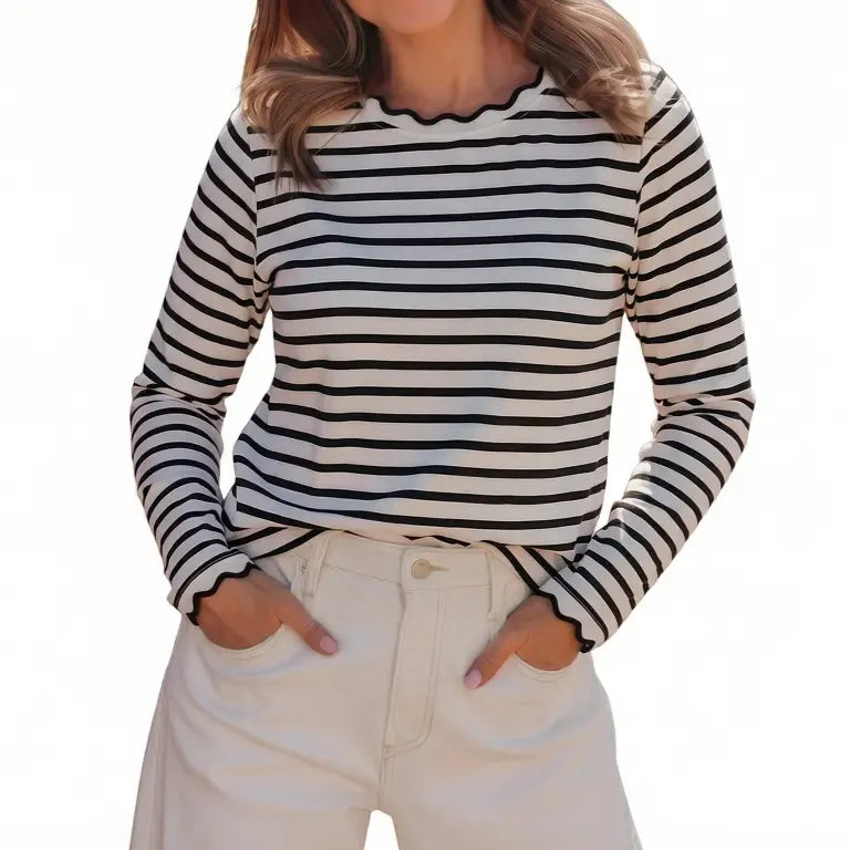 Scalloped Trim Crew Neck Striped Long Sleeve Top