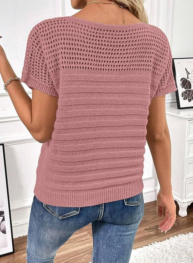 Womens Crew Neck Short Sleeve Shirts Knit Hollow Out Tops