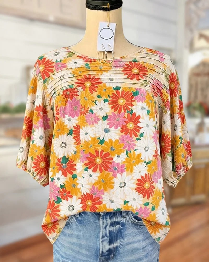 🔥Applique & Floral Print Pleated Detail Rocking Blouse