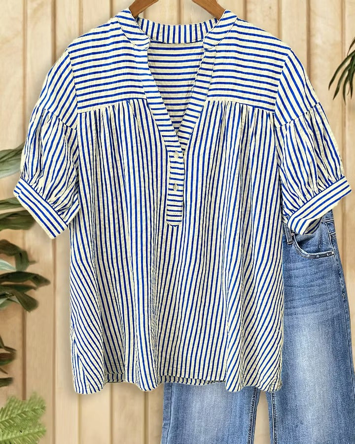 Women's Striped Half Button Yoke Gathered Puff Short Sleeve Blouse