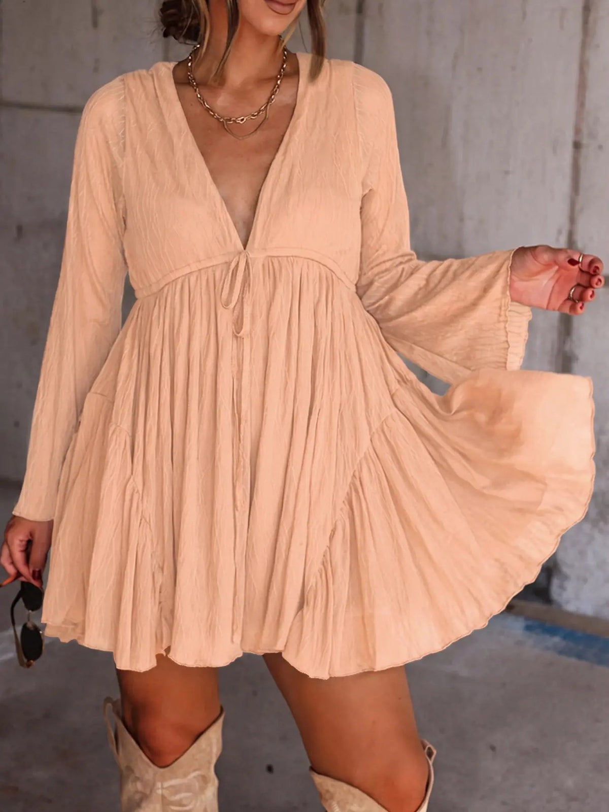 Women's V Neck Long Sleeve Dress with Pants Lining