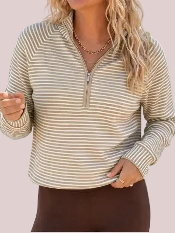 Women's Striped Half Zip Stand Collar Cropped Pullover