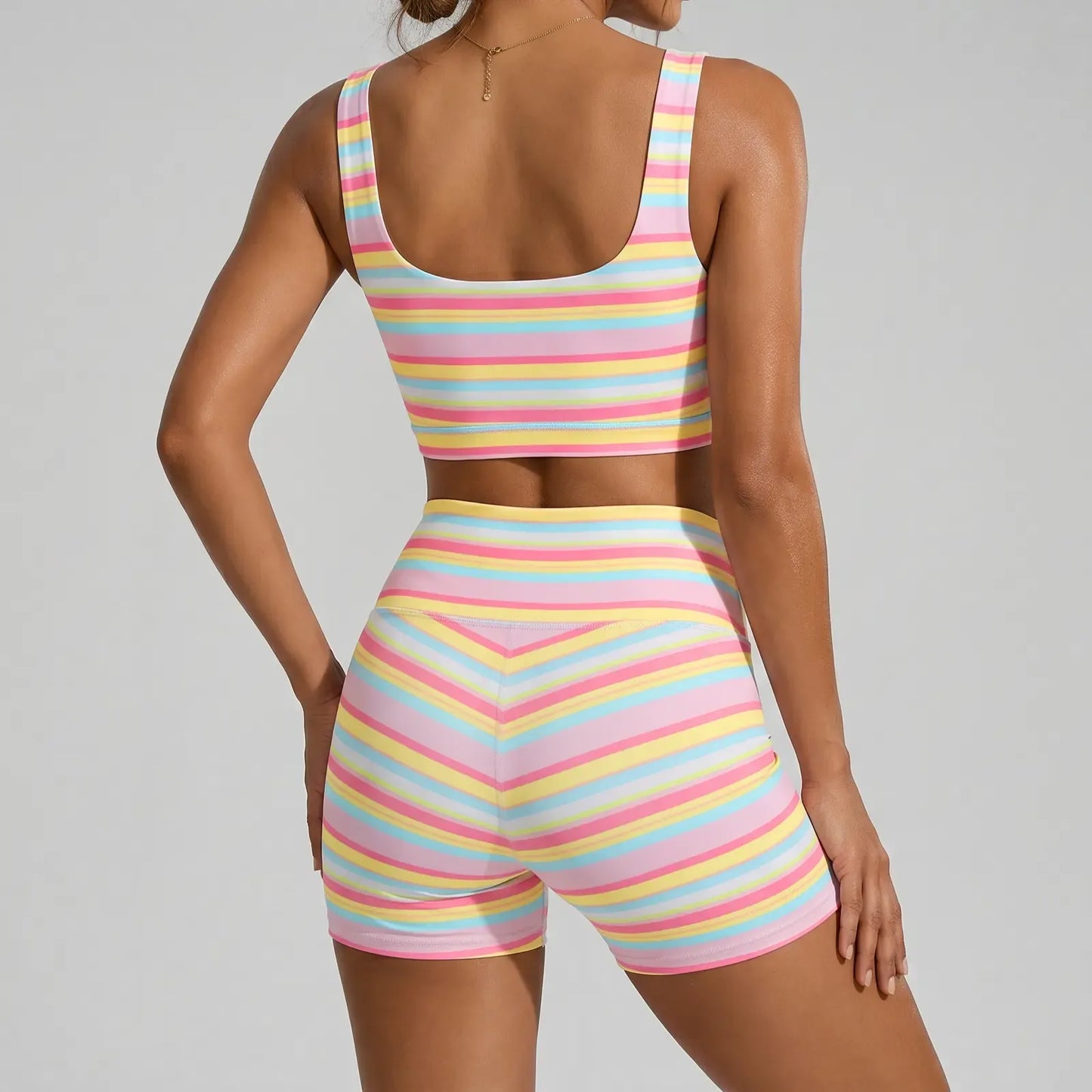 Hot Sale🔥Women’s Rainbow Stripe 2 Piece Workout Set Tank Top High Shorts Matching
