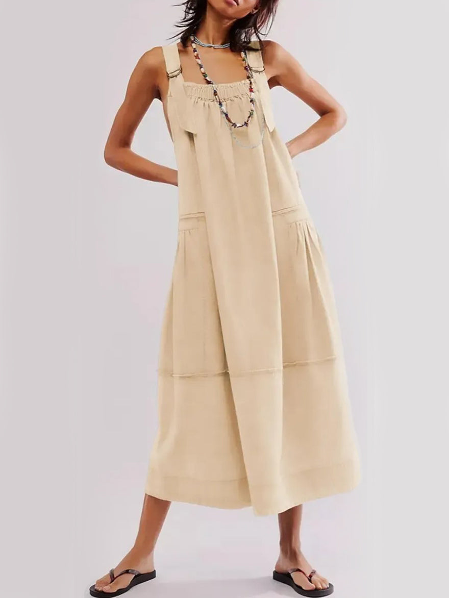 Women's Adjustable Shoulder Strap Loose Long Dress with Pockets