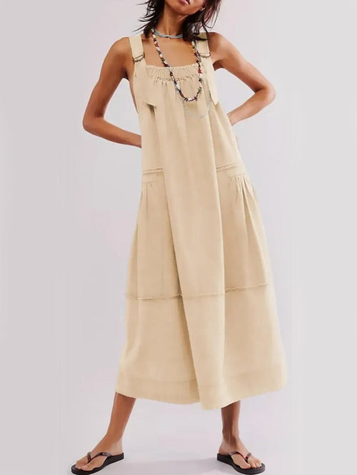 Women's Adjustable Shoulder Strap Loose Long Dress with Pockets