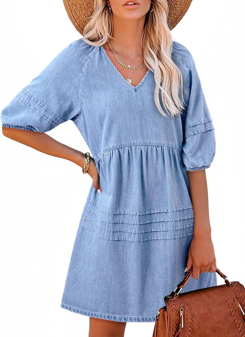 Women Casual V Neck Puff Short Sleeve Denim Dress
