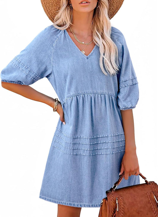 Women Casual V Neck Puff Short Sleeve Denim Dress