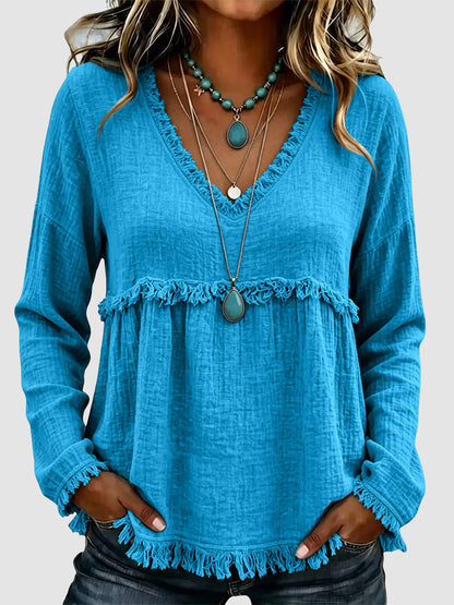 Women Boho Fringe Tassel Blouse V‑Neck Long Sleeve Loose Casual Top
