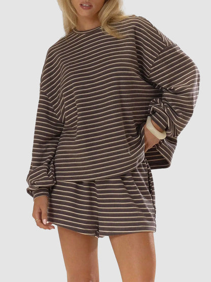 Women's Striped Oversized Long‑Sleeve Top & Pocket Shorts 2‑Piece Set