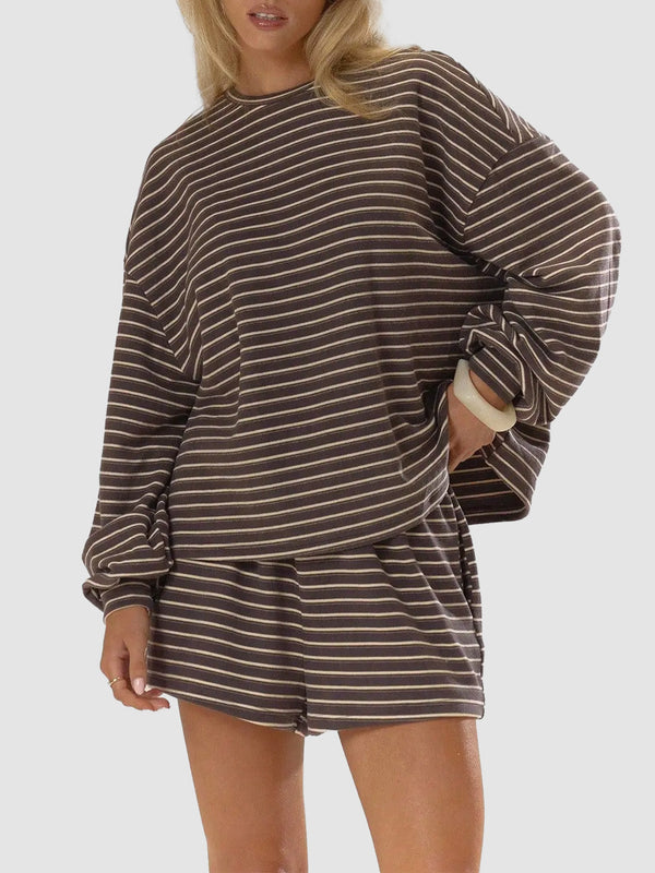 Women's Striped Oversized Long‑Sleeve Top & Pocket Shorts 2‑Piece Set